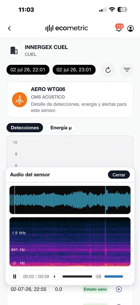 Áudio e espectrograma do sensor