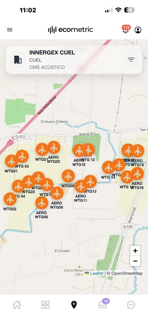 Mapa de sensores no parque eólico